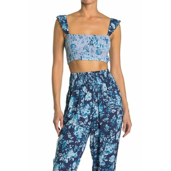 Nanette Lepore Tops - Nanette Lepore Suzie Blue Floral Smocked Ruffle Crop Top Sleeveless Women's L